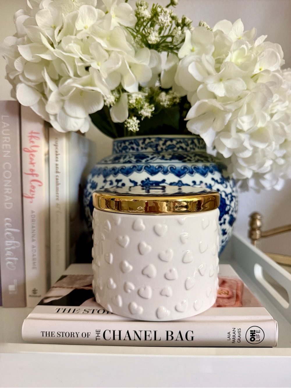 White Ceramic Heart Jar with Gold Lid - Decorative Storage